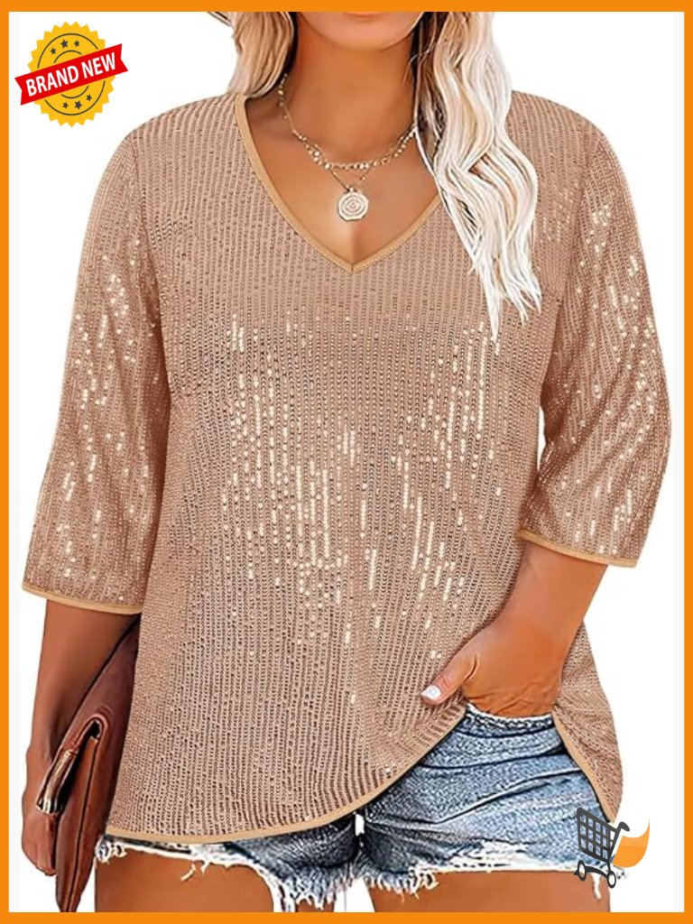 Plus Size Sequin Tunic Top 3/4 Sleeve V-Neck Blouse Sparkly Tops For Women